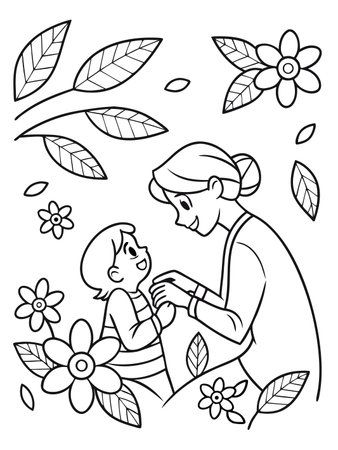 Line art depicts a mother and child sharing a loving moment amid flowers.のイラスト素材