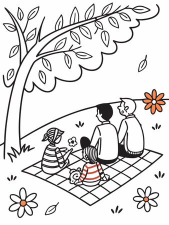 Stylized family illustration shows picnic beneath a tree in simple line art.のイラスト素材