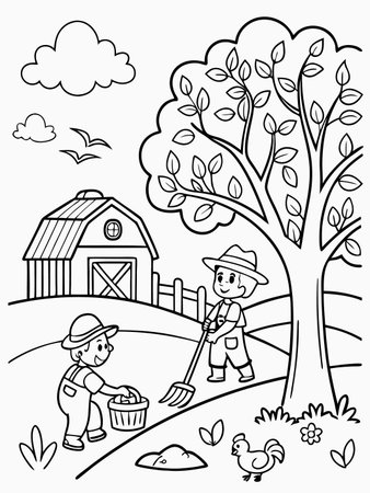Line art illustration of two farmers working on the farm with barn and treeのイラスト素材