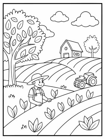 Line art illustration depicts a farmer tending crops on a rural farm land.のイラスト素材
