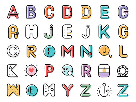 Whimsical alphabet illustration featuring doodle style letters and icons design.のイラスト素材