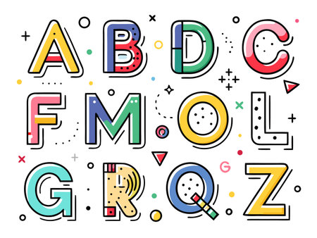 A vibrant alphabet display shows colorful letters in a playful, modern style.のイラスト素材