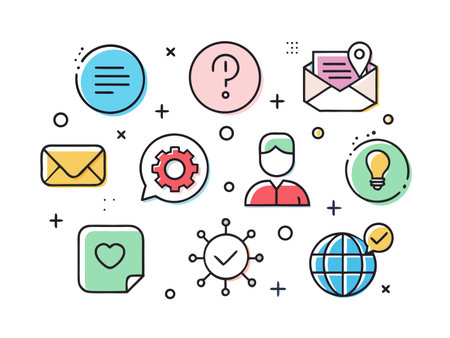 Colorful vector icons depict settings, help, and communication concepts.のイラスト素材