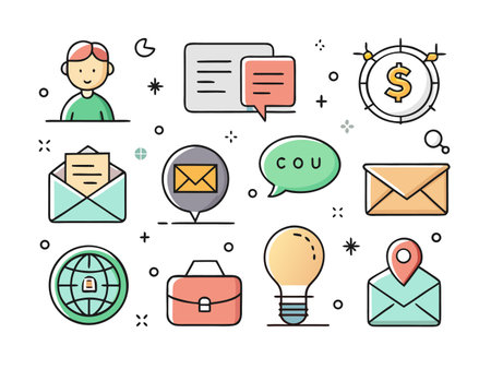 Collection of business and communication icons with a bright, modern style.のイラスト素材