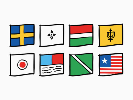 A vibrant collection of illustrated flags, showcasing diverse global symbols.のイラスト素材