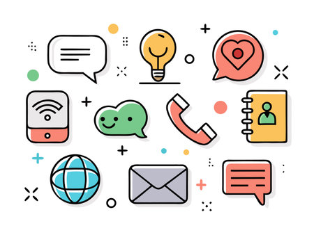 Vibrant icons display communication and connection elements in a flat style.のイラスト素材