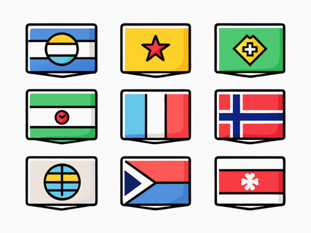 Collection of nine stylized flags with black outlines and cartoon aesthetic.のイラスト素材