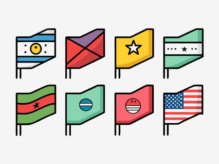 Stylized graphic depicts eight diverse flags with simple shapes and boldのイラスト素材