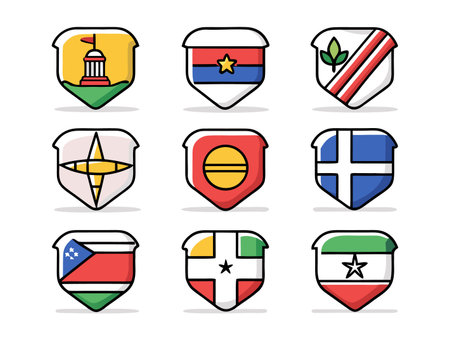 Nine shields with colorful and simplistic designs show unique geometric art.のイラスト素材