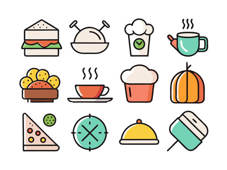 Vibrant icon set features food and drink elements with playful, bold outlines.のイラスト素材