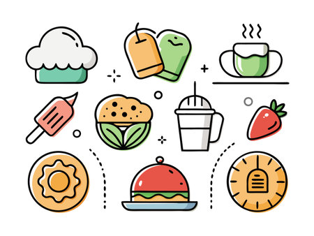 Colorful assorted food icons on white background in cartoon illustration style.のイラスト素材