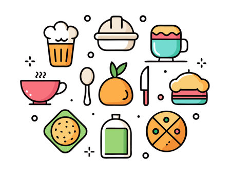 Colorful assortment of various food and drink items on a white background.のイラスト素材