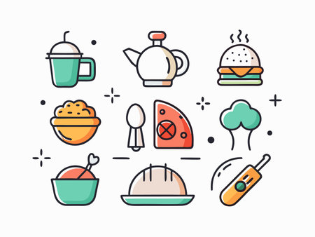 Colorful food and drink icons arranged on white background, cute and modernのイラスト素材