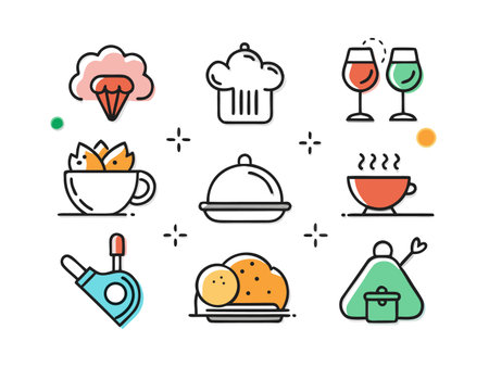 Illustration of culinary elements featuring food, drinks, and cooking tools.のイラスト素材