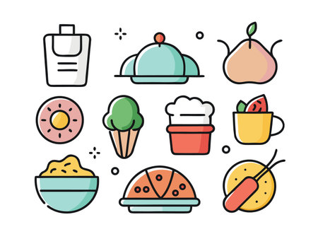 Collection of colorful food and drinks in flat vector, against white background.のイラスト素材