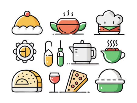 Various kitchen and cooking icons are displayed with a cartoon art style.のイラスト素材