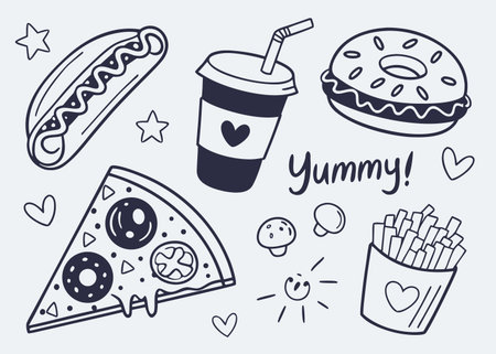 A playful sketch of various fast food items, expressing a joyful, yummy mood.のイラスト素材