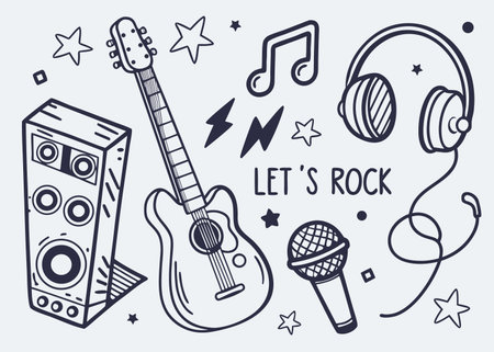 Hand-drawn musical instruments and elements create a fun, vibrant design.のイラスト素材