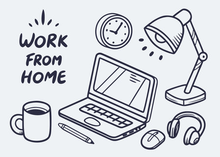 A whimsical workspace illustration for remote work featuring digitalのイラスト素材