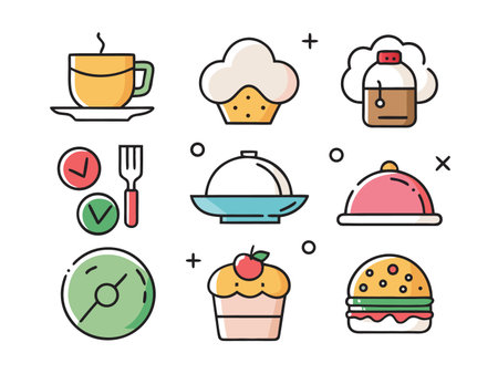 Colorful food icon set featuring various meals and food preparation elements.のイラスト素材