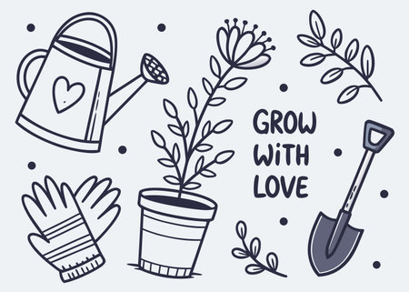 Hand-drawn gardening elements promotes growth and love in a simple design.のイラスト素材