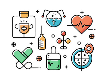 A collection of vector line art icons representing medical health concepts.のイラスト素材