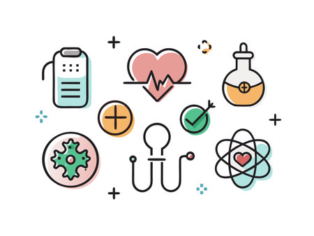 Collection of healthcare and science icons in a flat, playful cartoon style.のイラスト素材