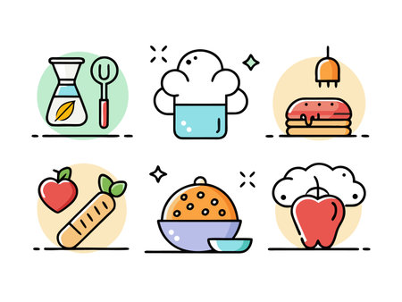 Colorful food icons illustrate a variety of meals with minimalist design.のイラスト素材