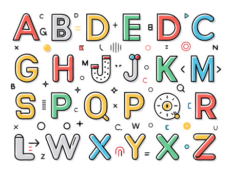 Alphabet collection with colorful hand-drawn letters in uppercase style.のイラスト素材
