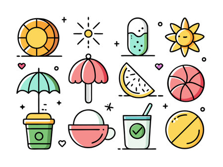 Colorful Summer Icons evoke playful and bright summertime mood with cute imagesのイラスト素材