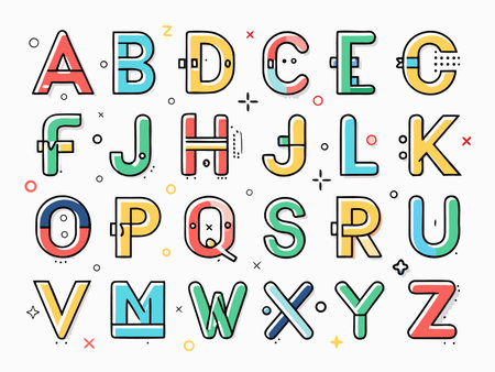 Vibrant alphabet display showcases whimsical, colorful letter designs andのイラスト素材