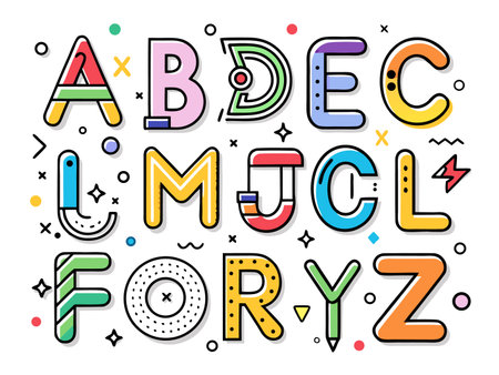Colorful alphabet illustration with geometric shapes and vibrant letter designのイラスト素材