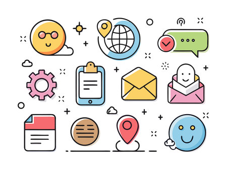 Vibrant flat vector icons representing communication and technology services.のイラスト素材