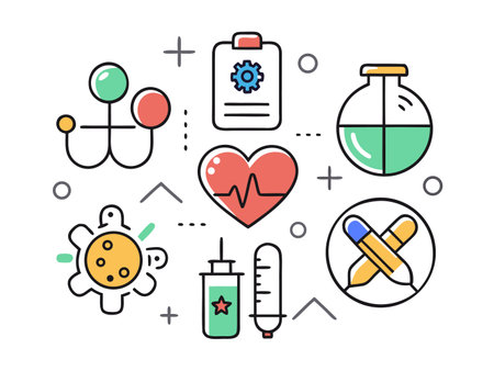 Various healthcare and medical service icons are displayed over white field.のイラスト素材