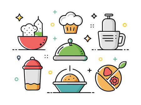 Colorful food icons arranged in a clean, modern flat vector illustration style.のイラスト素材