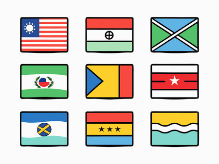 Nine stylized, colorful flags arranged in a grid pattern on white surfaceのイラスト素材