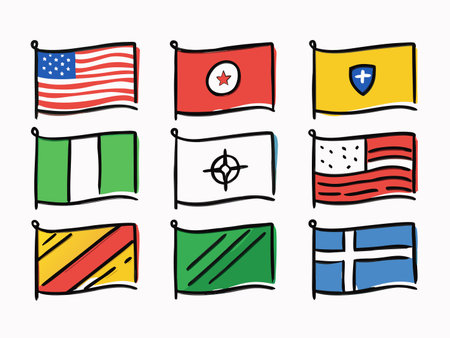 Nine illustrated flags of various countries stand out on a white background.のイラスト素材
