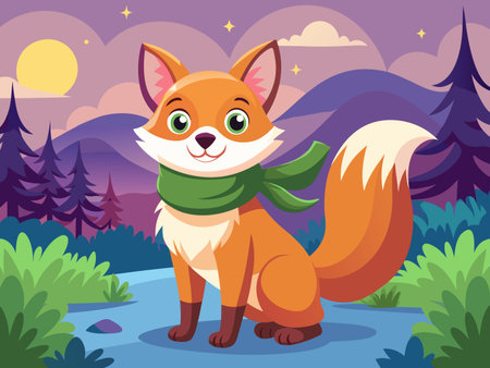 Stylized fox wearing a scarf sits within a flat, colorful nighttime landscape.のイラスト素材