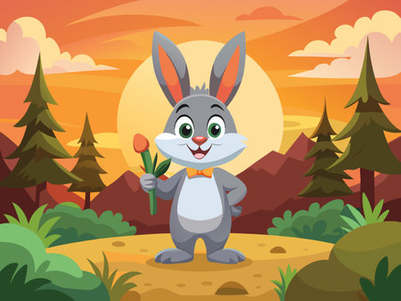 Cartoon bunny stands cheerfully amidst a sunset landscape, holding a flower.のイラスト素材