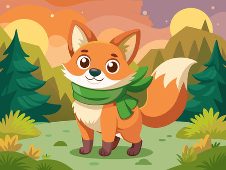 Charming cartoon fox with a scarf stands in a stylized forest landscape.のイラスト素材