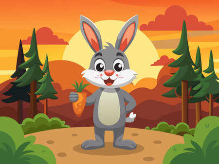 Cartoon bunny stands smiling, holding a carrot at sunset forest scenery.のイラスト素材