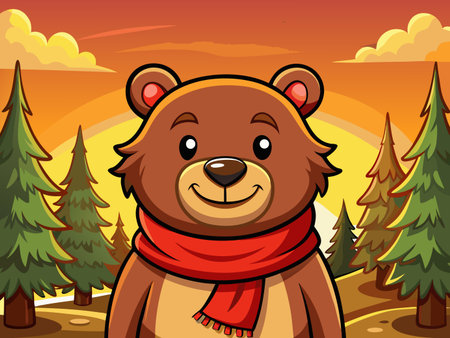 A cartoon bear with a red scarf poses cheerfully in a forest at sunset.のイラスト素材