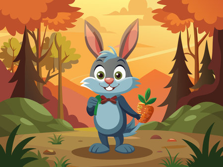 Cute cartoon rabbit stands in autumn forest holding a carrot with bow tie.のイラスト素材