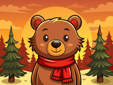 Cartoon bear with a scarf stands amongst the pine trees in the sunset glow.のイラスト素材