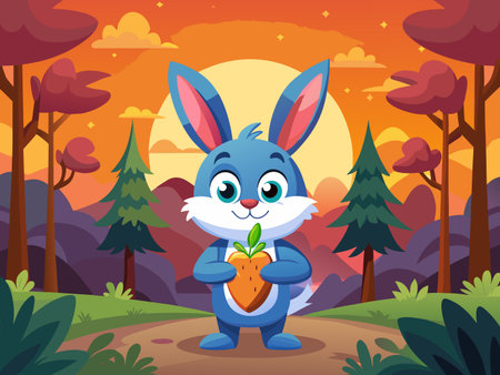 Cute blue rabbit holding a carrot stands in a forest during sunset time.のイラスト素材