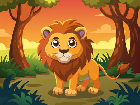 Animated lion cub stands in a warm, verdant forest with sunset background.のイラスト素材