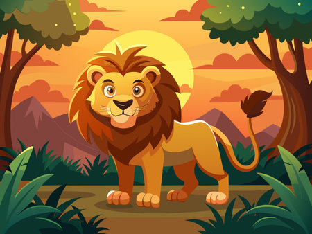 Friendly lion illustration stands proudly within a warm, colourful landscape.のイラスト素材