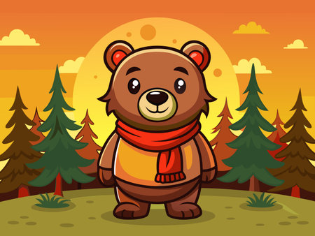 Stylized cartoon bear with scarf in a forest setting against a sunset sky.のイラスト素材