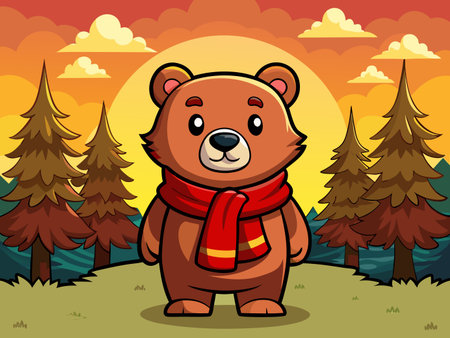 Cute cartoon bear wearing a scarf stands in forest during a golden sunset.のイラスト素材