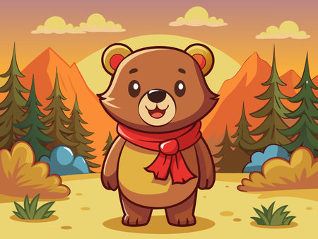 Cute cartoon bear with scarf stands in an autumn landscape illustration.のイラスト素材